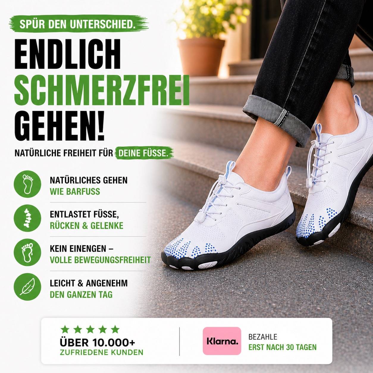 Abbildung von Füßen einer Person, welche Barfußschuhe trägt 