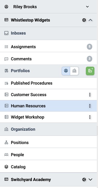 An open Organization panel with its Inboxes, Portfolios, and Organization panels