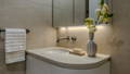 Bathroom Havit LED strip under mirror cabinet lighting stone vanity with undermount basin and wall-mounted tapware, Manly QLD
