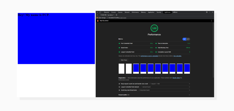 The time it took to render “Hey! My name is FCP” is considered a First Contentful Paint and displayed in the report. Lighthouse screenshot demonstrating successful First Contentful Paint event