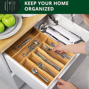 ROYAL CRAFT WOOD Luxury Bamboo Utensil Rack and Silverware Organizer, Kitchen Drawer Organizer - Utensil Holder and Cutlery Tray with Grooved Drawer Dividers for Flatware 7 Slot, Natural