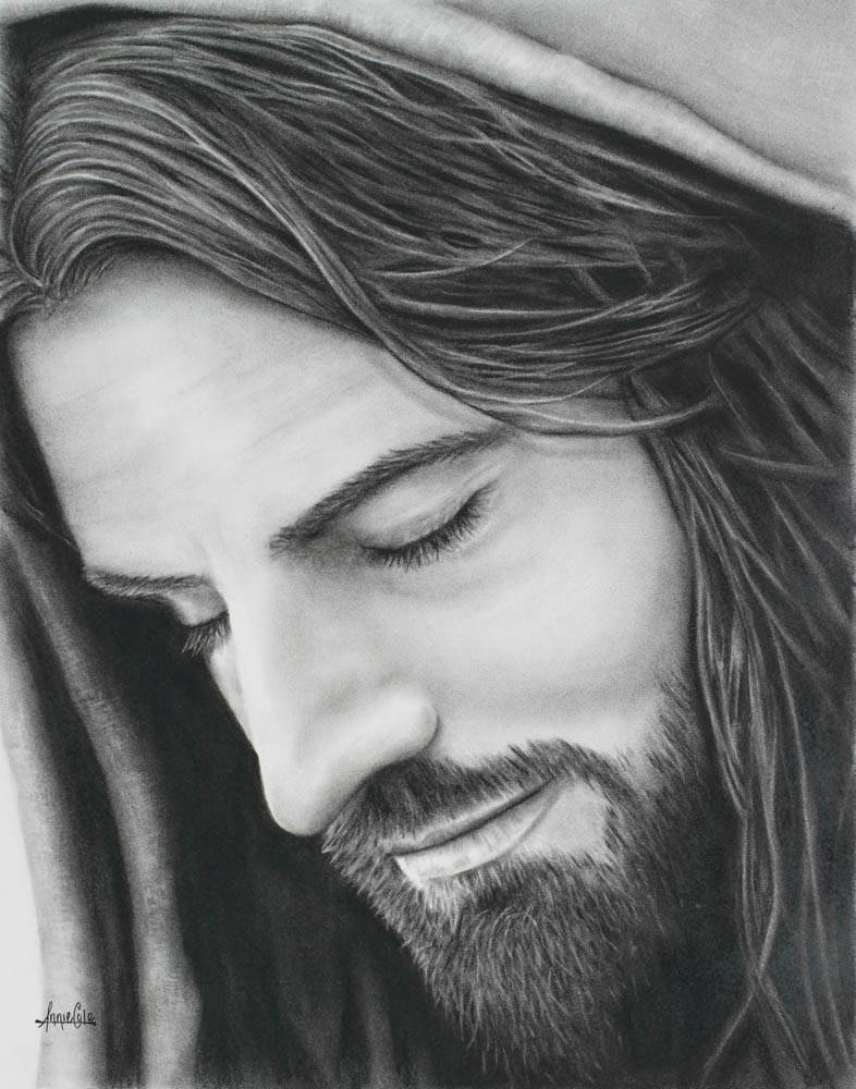 Sketched portrait of Jesus with His eyes closed. He has a calm expression.