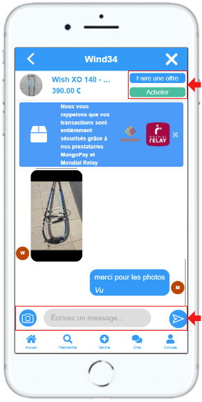 Image smartphone page d'un chat de l'application / site web SPORTYDEAL, mise en évidence de la barre de message et des bouton "envoyer" et "photo" ainsi que des options "faire une offre" et "acheter" en haut du chat.