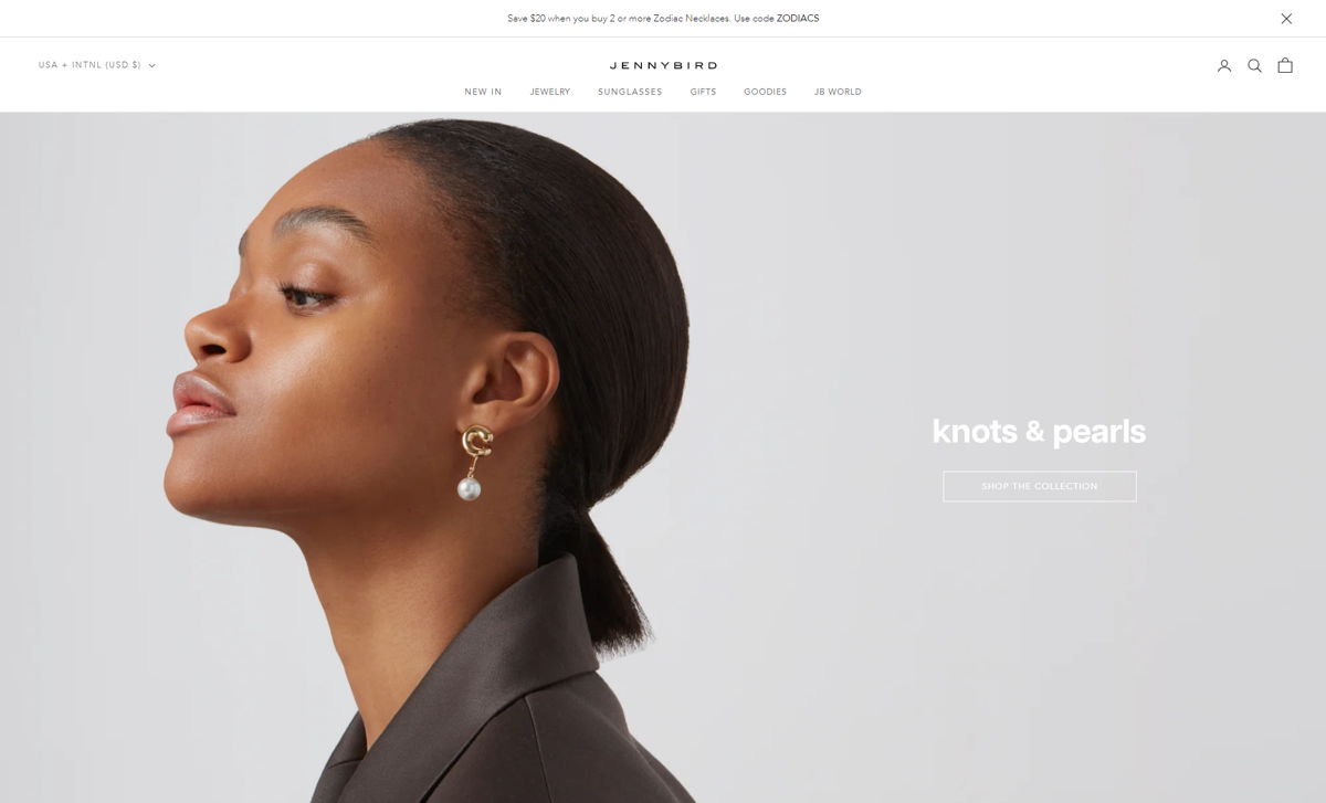 Screenshot of Jenny Bird, from the shopify jewelry stores collection.