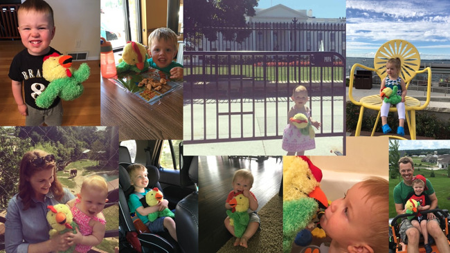 Collage of young children interacting with Primrose puppet Percy the chicken at home