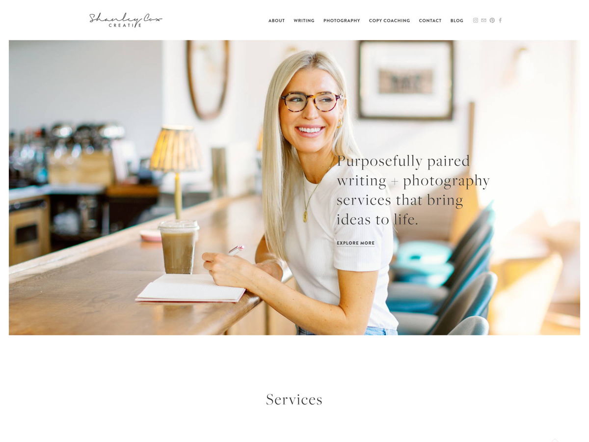 Screenshot of Shanley Cox, from the copywriting portfolios collection.
