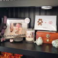 shelf with tribute to dog filled with memorial candle, dog photo, dog collar and paw and nose print memento