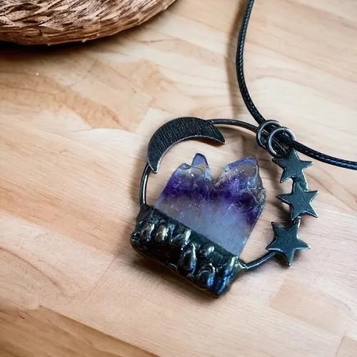 Amethyst Moon & Star Crystal Pendant - Includes Leather Band