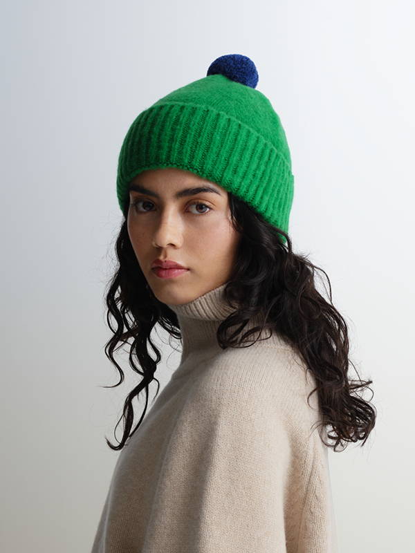 model wears Brushed Plain Hat Contrast Pompom