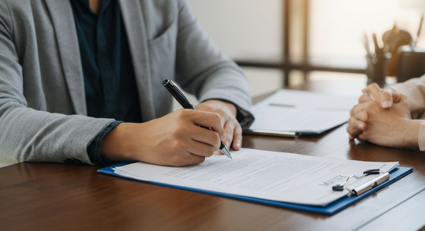 A spring real estate transaction closing at a title company office with documents being signed. The calendar shows May, highlighting the advantage of timing closings during peak spring market when buyer demand in these prestigious neighborhoods reaches its annual high.