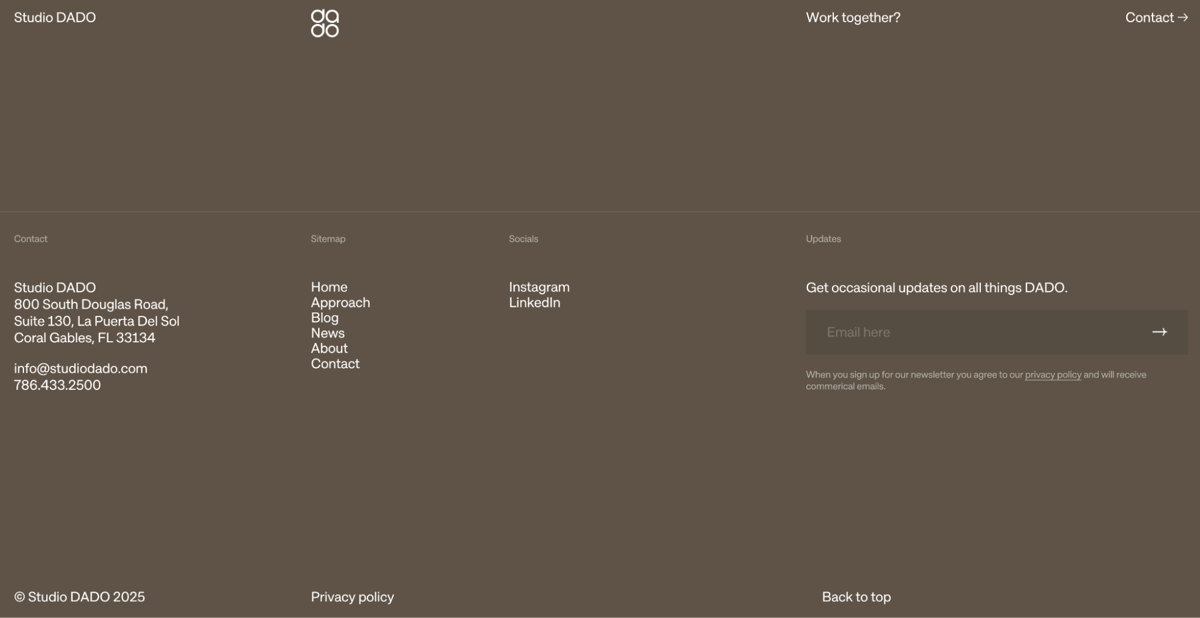 Screenshot of Studio Dado, from the website footer designs collection.
