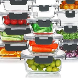 KOMUEE 24 Pieces Glass Food Storage Containers Set,Glass Meal Prep Containers Set with Lids-Stackable Airtight Glass Storage Containers with lids,BPA Free,Freezer to Oven Safe,Gray