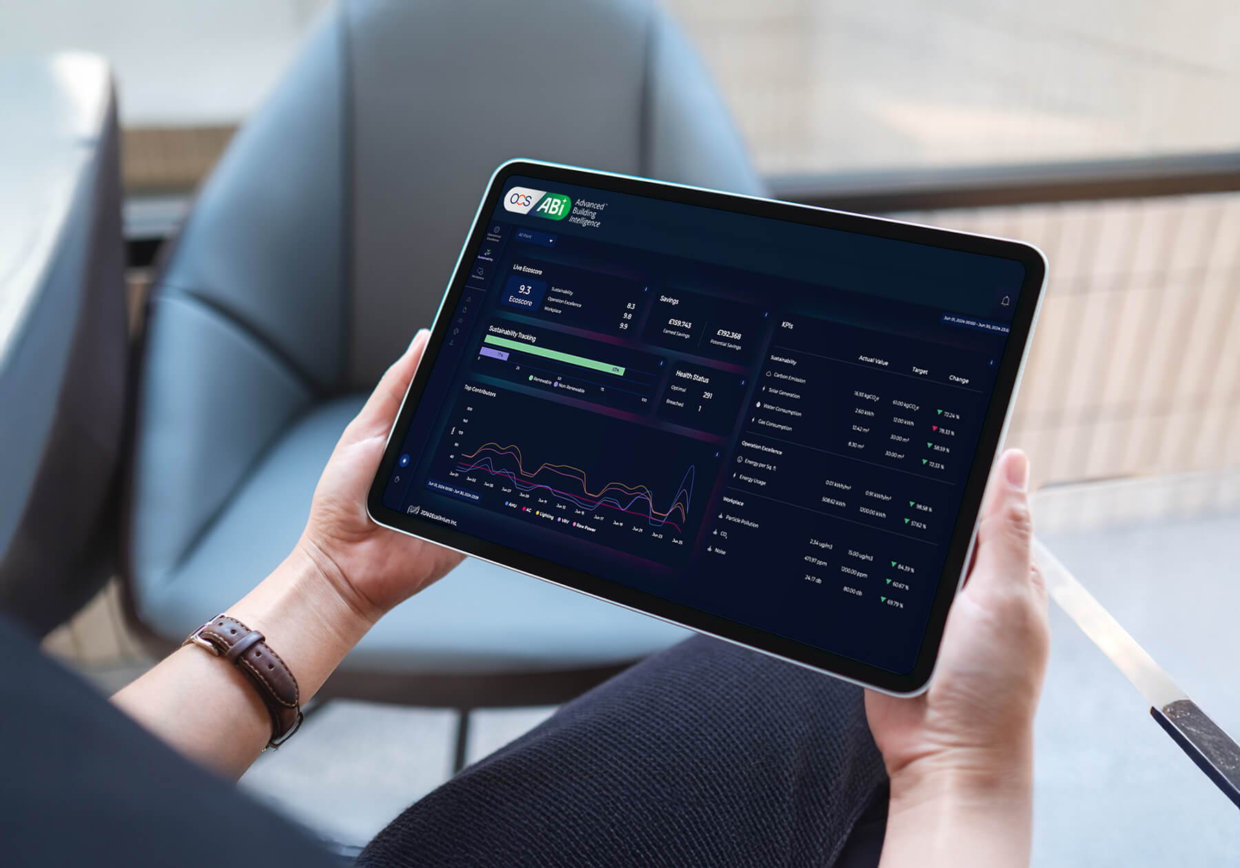 Person holding a tablet displaying a business dashboard with charts, graphs, and statistics. The interface has a dark background and shows data trends and performance metrics. The person is seated in a modern chair.