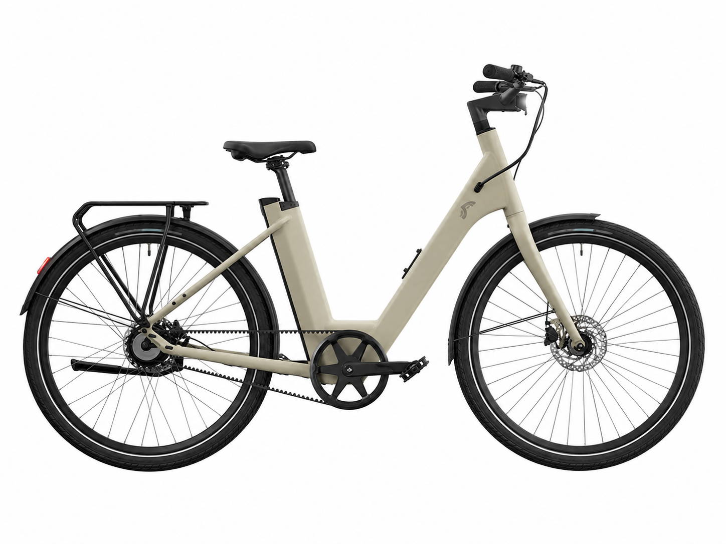 Crivit Urban 3.0 Y Belt elektrische fiets met lage instap, Gates-riem, achterdrager en geïntegreerde stadsuitrusting.
