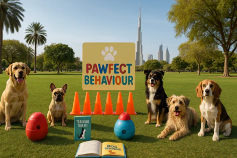 Five dogs of different breeds sit in a park with training equipment and a 'Pawfect Behaviour' sign, against a city skyline backdrop.