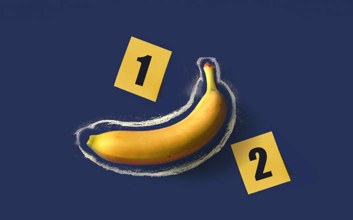 A chalk outline around a banana for Confetti's Virtual Murder Mystery Team Building 