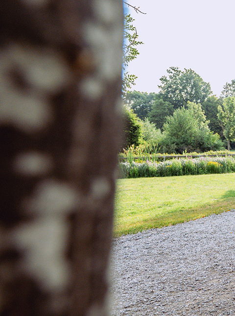 Ein glückliches Paar steht auf Fahrrädern auf einem Kiesweg in der Natur.