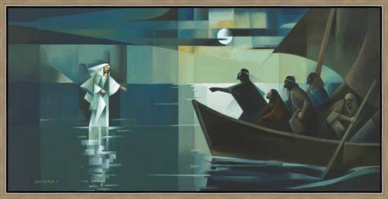 Cubism painting of Jesus walking on water toward the apostles' boat.
