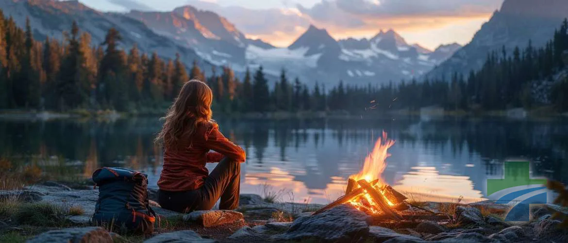 Travel nurse by a campfire in a national park, reflecting on her day.