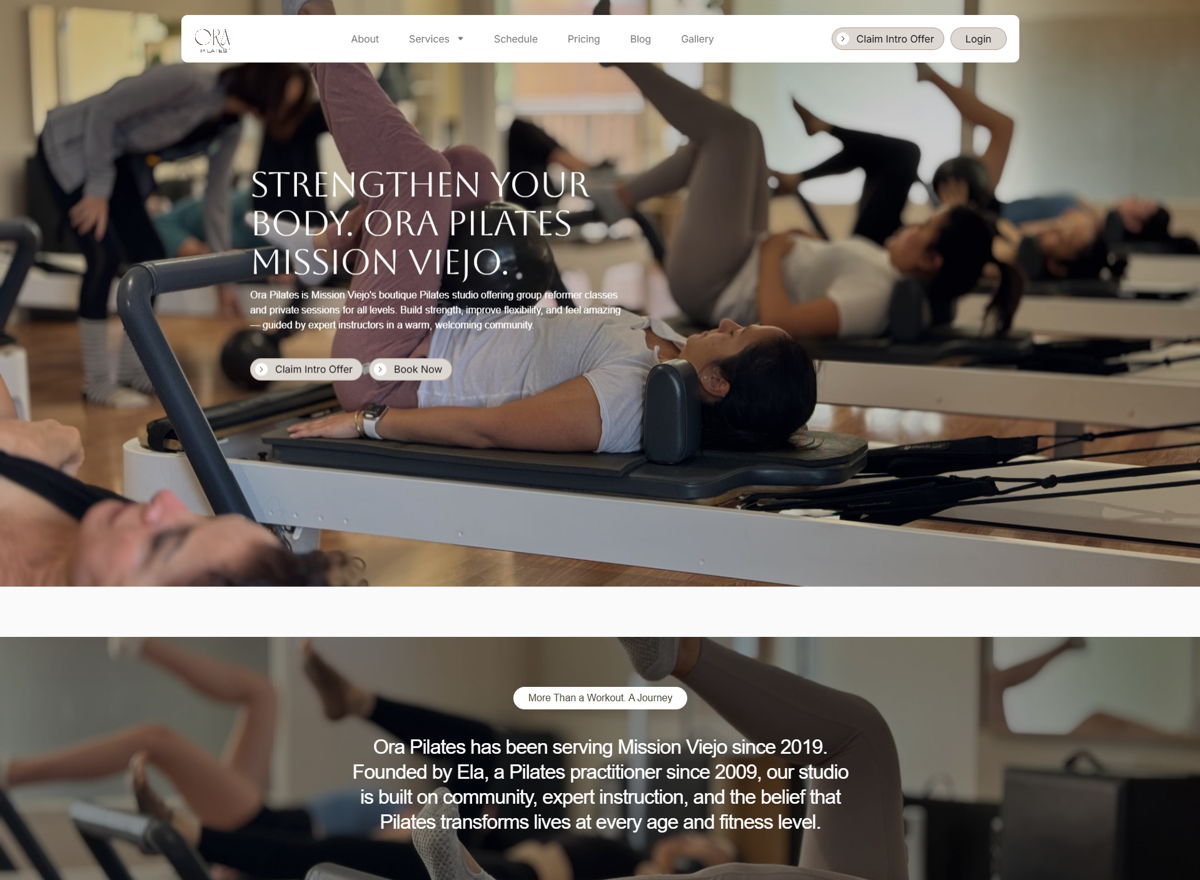 Screenshot of Ora Pilates, from the pilates websites collection.
