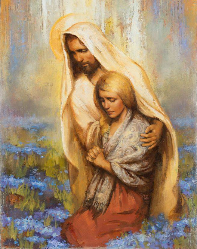 Jesus comforting a young woman who is praying.
