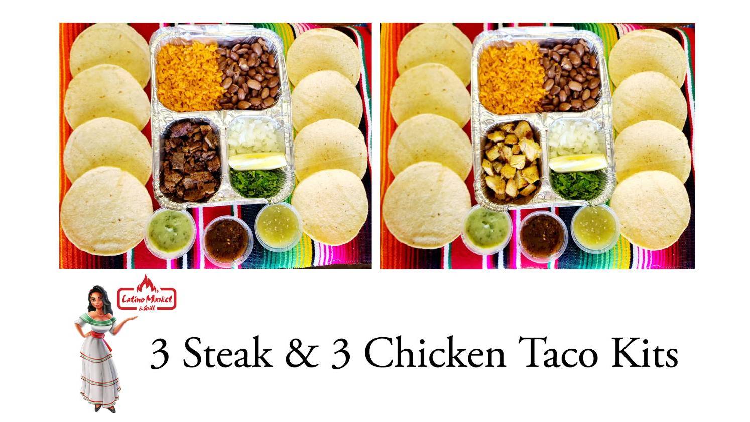 Taco Bundle #11: 3 Steak Taco Kits & 3 Chicken Taco Kits (Cooked) + Bonus Tortillas