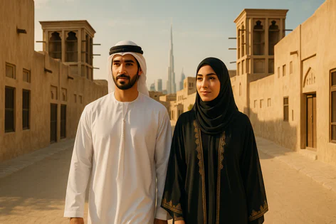 A man and woman in traditional clothes walk in a sunny historic street in Dubai, with the Burj Khalifa and city skyline visible in the background.