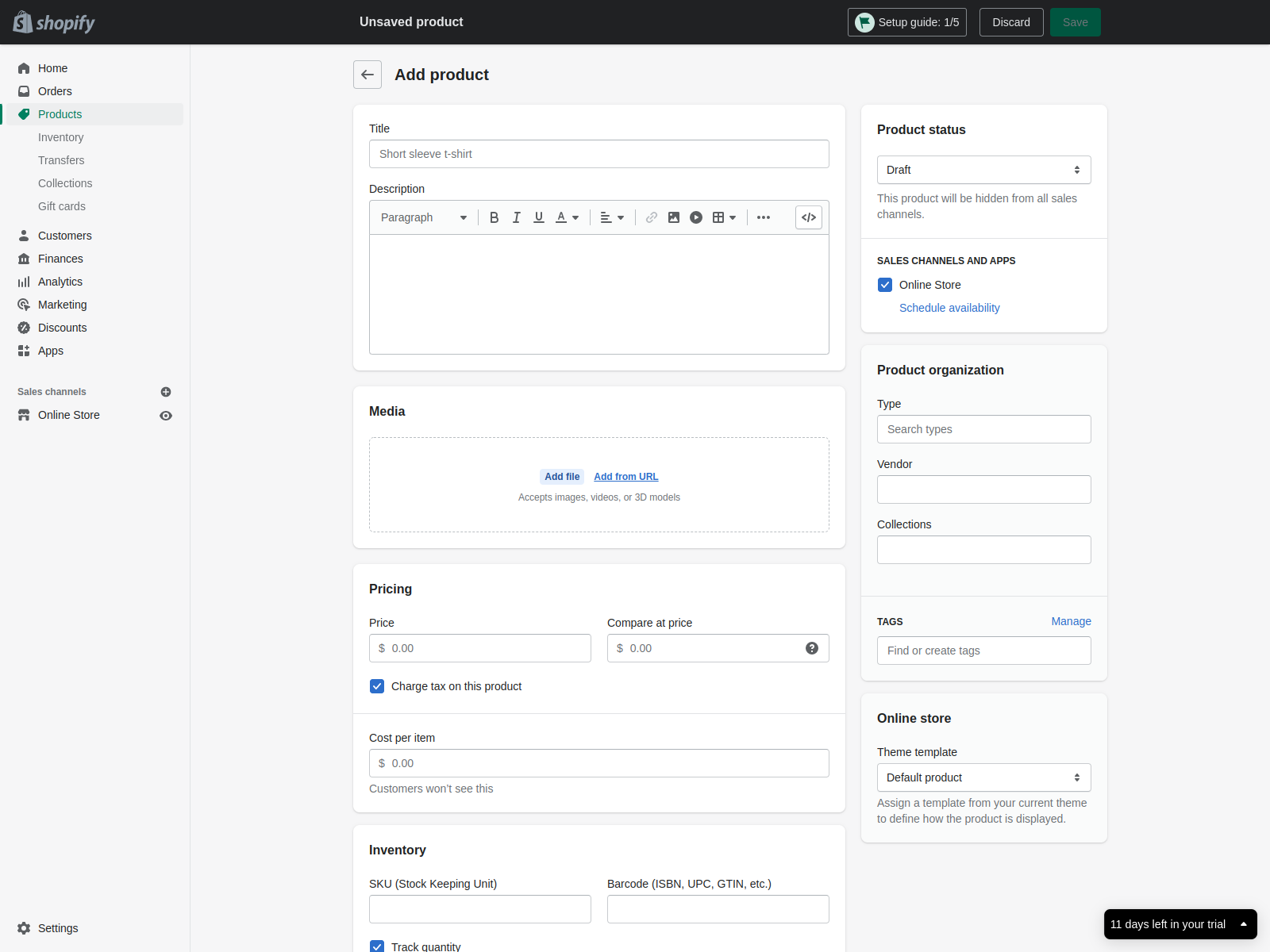 Shopify's product editor page