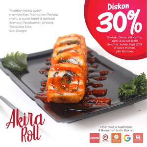 Tako n’ Sushi Box: Promo September Ceria up to 30% OFF! sampai 09/30/2019
