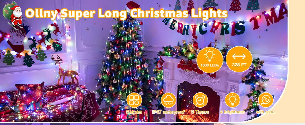 Features of Ollny's 800 leds clear cable cool white string lights - desktop size