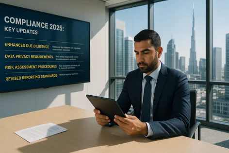 Businessman reviews compliance updates on a tablet. A screen shows 'Compliance 2025: Key Updates' on data privacy and risk assessment, overlooking a city.