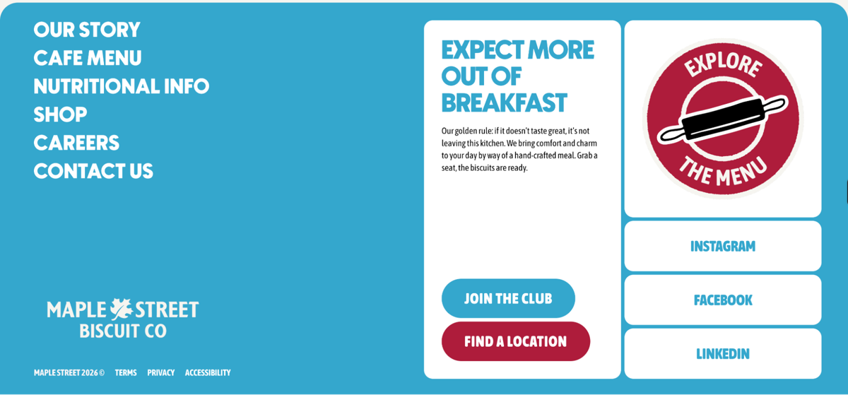 Screenshot of Maple Street Biscuit Company, from the website footer designs collection.