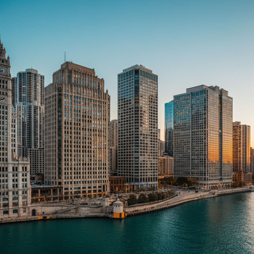 Streeterville waterfront at sunset with luxury high-rise buildings reflecting golden light. The image showcases the neighborhood's prime location between Michigan Avenue and Lake Michigan, highlighting the urban sophistication that attracts affluent buyers seeking proximity to cultural attractions and upscale amenities.