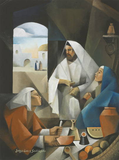 Geometric painting of Jesus teaching Martha and Mary.