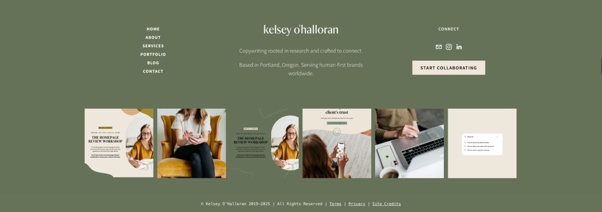 Screenshot of Kelsey O'Halloran, from the website footer designs collection.