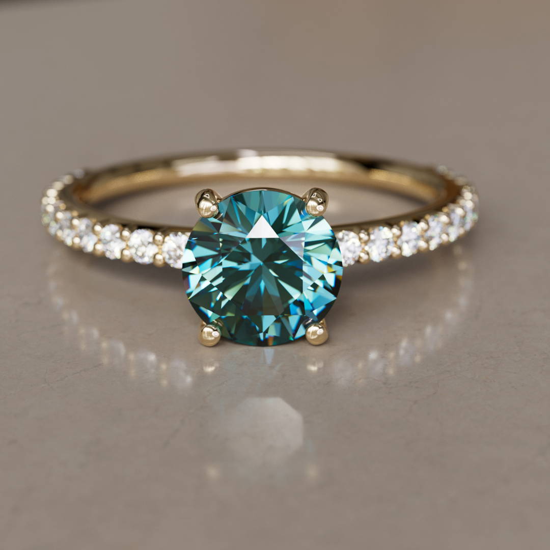 round Cut Teal Sapphire and tiny Diamonds Engagement Ring 