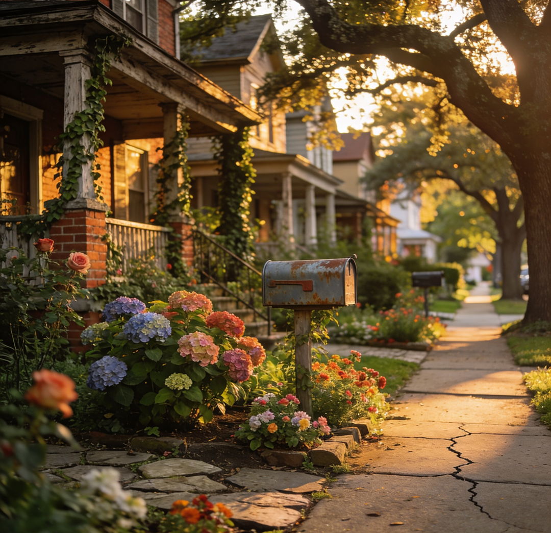 Charming photograph of a row of established homes on a quiet residential street featuring mature landscaping, large shade trees, and personalized front gardens with seasonal flowers. Mailboxes and sidewalks show gentle wear indicating decades of use. Late afternoon dappled sunlight through tree canopy, 85mm lens, nostalgic warm color grading.