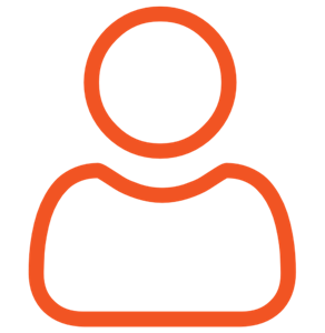 An orange outline of a generic user or person icon on a white background, depicting a head and shoulders in a simple, minimalist style.