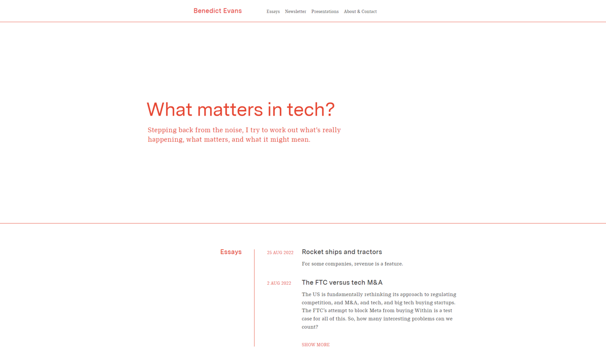 Screenshot of Benedict Evans, from the squarespace blog examples collection.