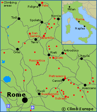 Map of the rock climbing areas to the north of Roma