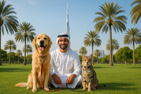 A man in traditional Arabic dress sits between a golden retriever and a tabby cat in a grassy park with palm trees, with the Burj Khalifa in the background.
