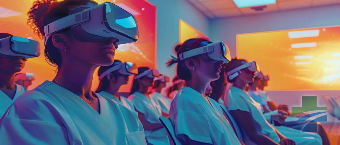 Nursing students engaged in VR simulations for futuristic learning.
