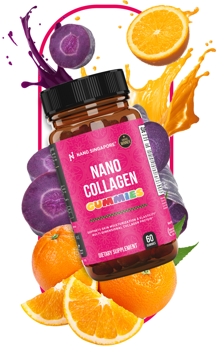 a bottle of Nano Singapore's best collagen gummies in front of fruits