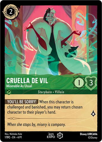 Cruella De Vil card from Disney's Lorcana Trading Card Game.