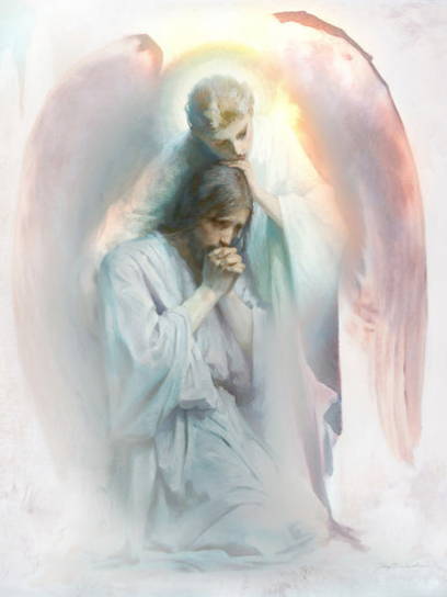Watercolor painting of Jesus praying. An angel comforts him. 