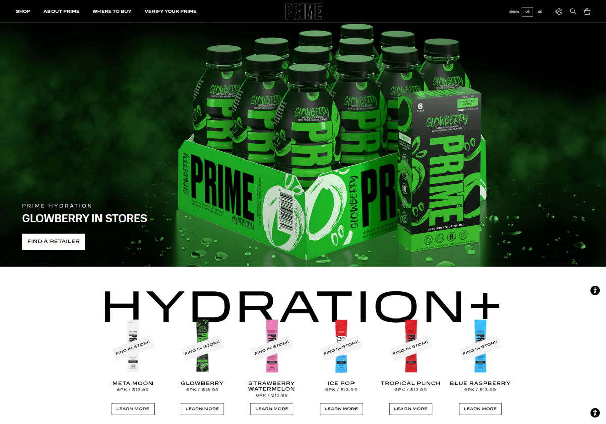 Screenshot of PRIME By Logan Paul x KSI, from the influencer websites collection.