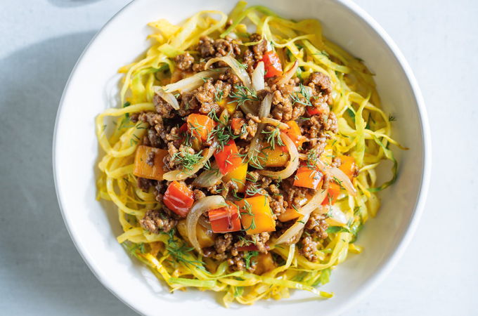Curried Cabbage Noodles with Sautéed Beef