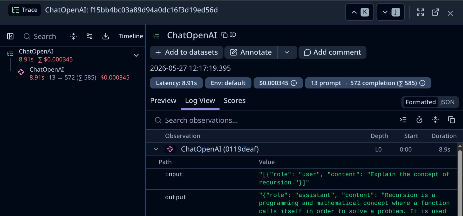 Traces collected by the LangChain callback handler.