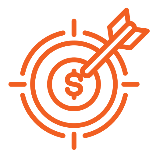 Orange icon of a target with a dollar sign in the center and an arrow hitting the bullseye, representing financial goals or achieving monetary targets.