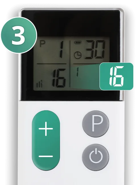 Wellue TENS リモコンのクローズアップ。プラスとマイナスのコントロールボタンで強度レベル 16 を調整できます。